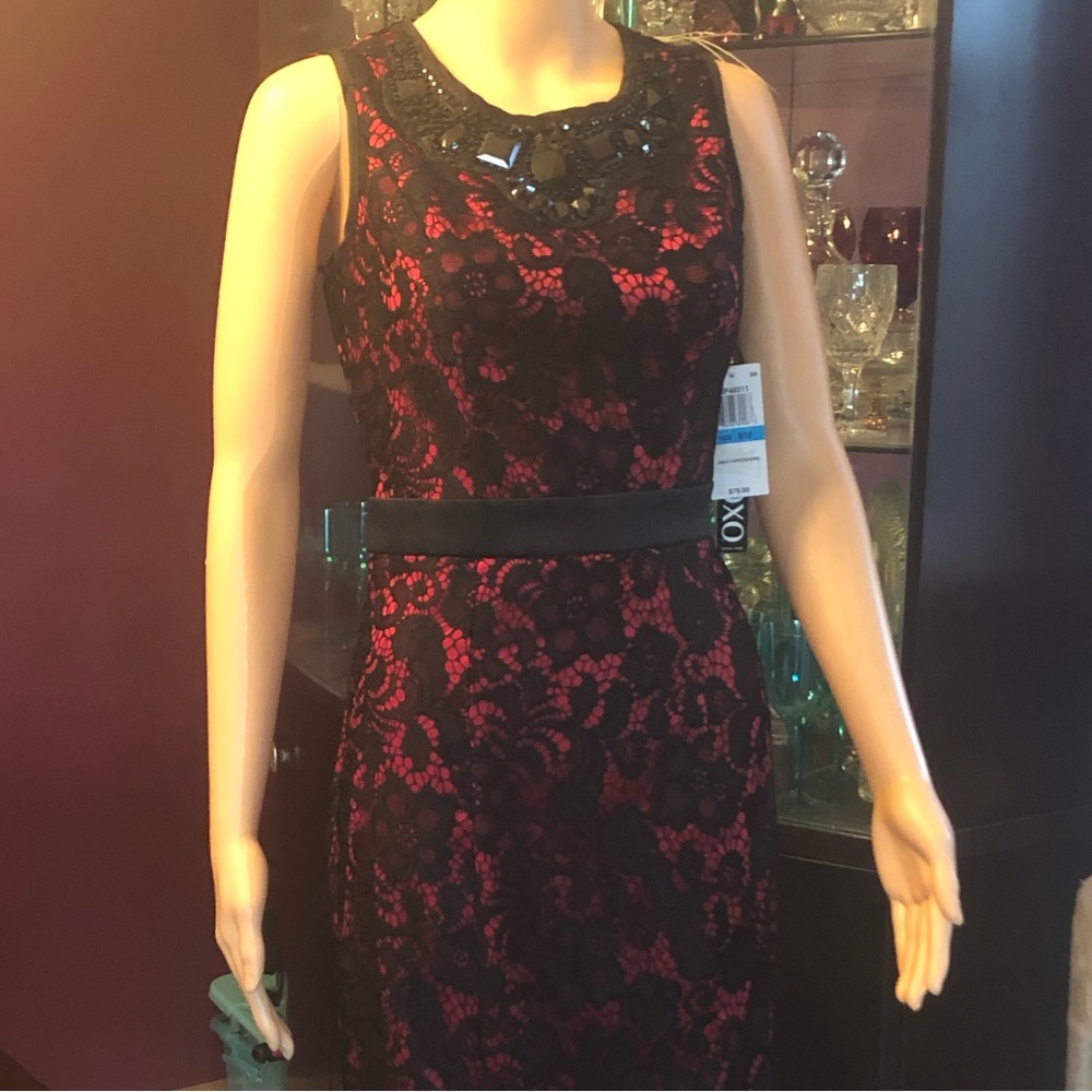 H91: Stunning classy XOXO designer black lace over red dress-  flattering classy